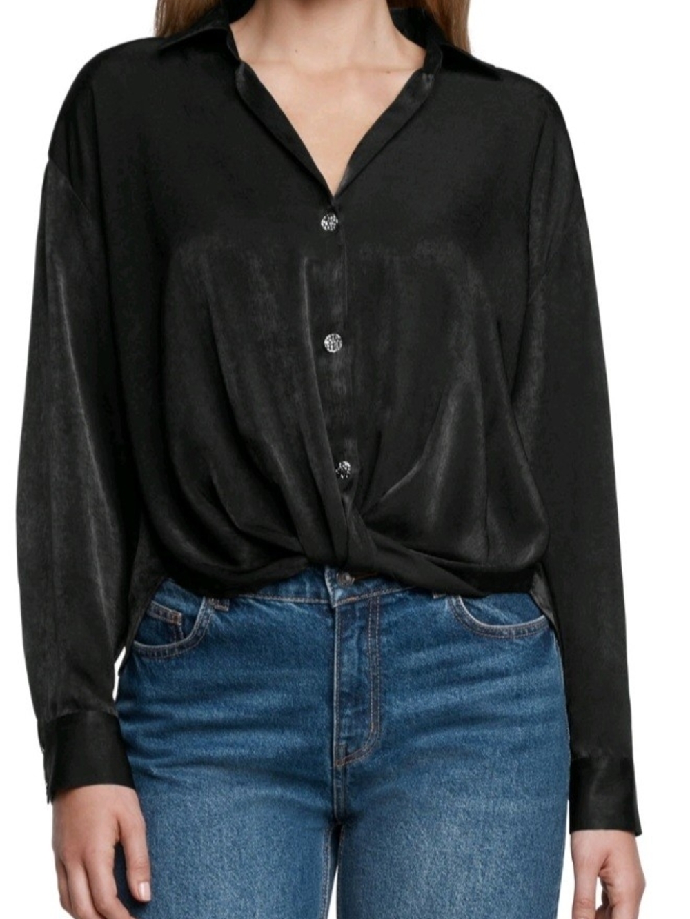 Express Womens Medium Satin Twisted Front Hem Button Up Shirt Black Long Sleeve
